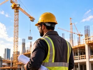 Construction project: supervisor at a crane site