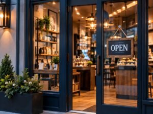 Cafe project: storefront entrance at dusk