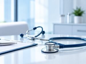 Healthcare clinic project: stethoscope on a desk
